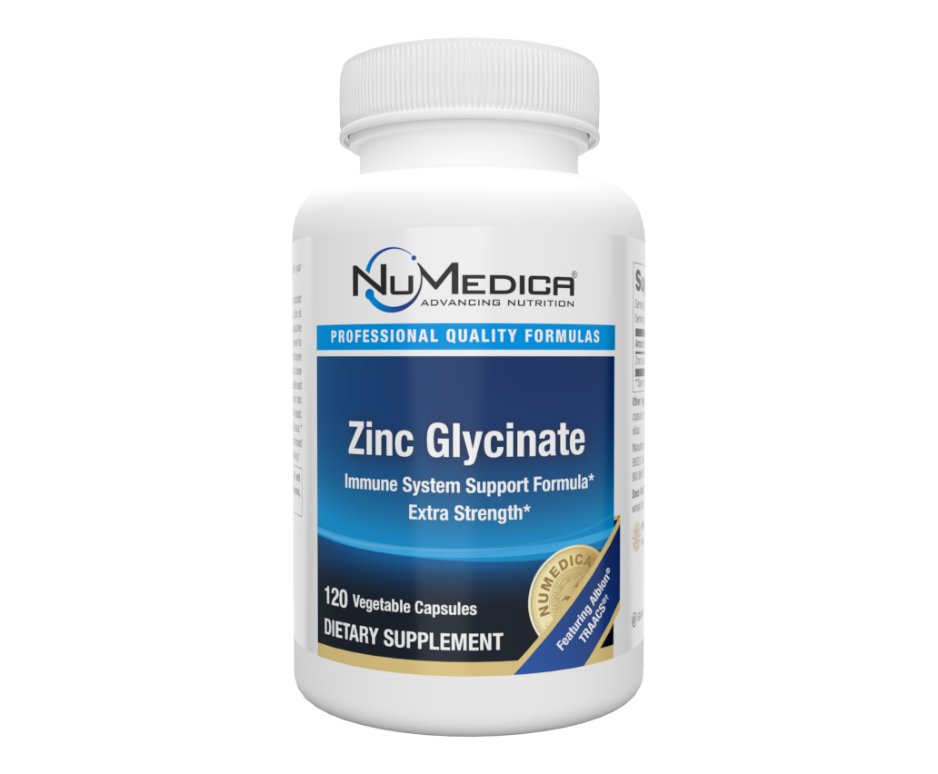 White bottle of NuMedica Zinc Glycinate supplements. Blue and white label, gold seal, 120 capsules.