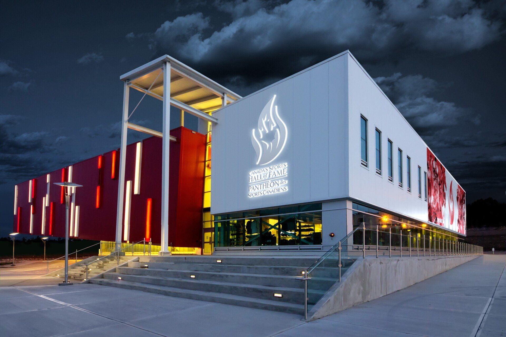 A large white and red building with the word fire on it