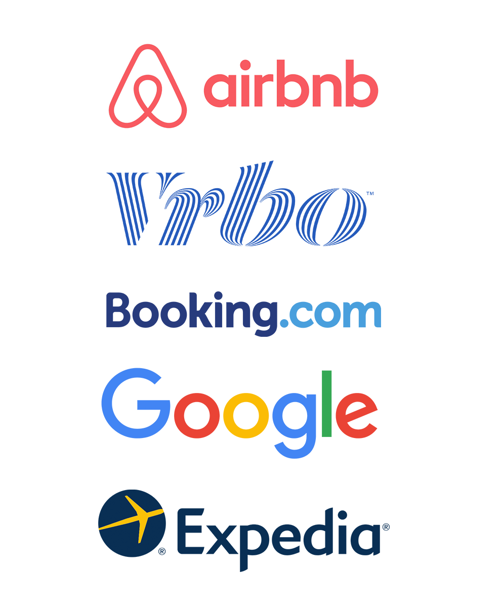 The logos for airbnb , vrlo , booking.com , google and expedia