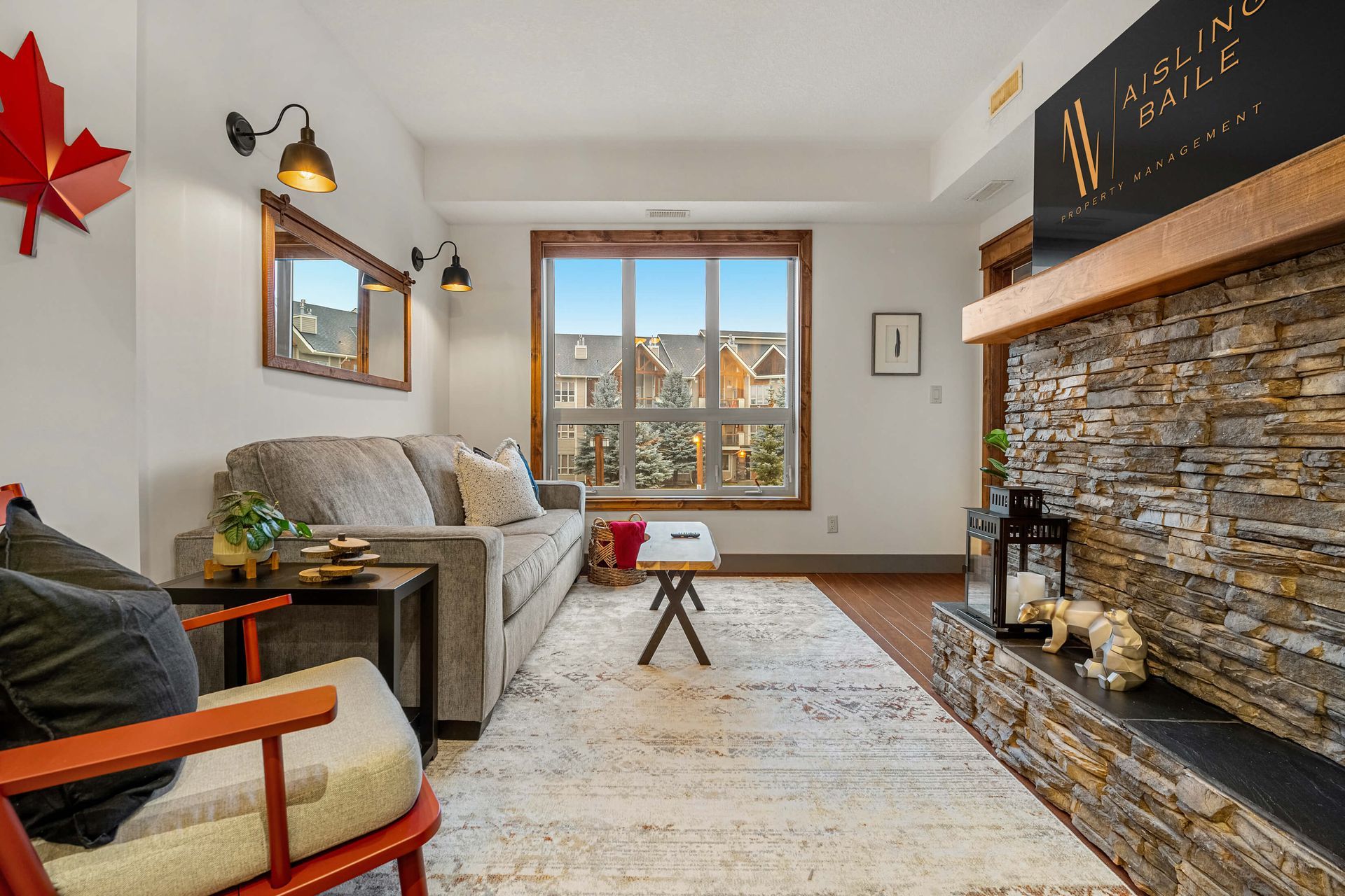 Living room of Red Maple Retreat, a Radium BC Vacation Rental hosted by Aisling Baile Property Management.