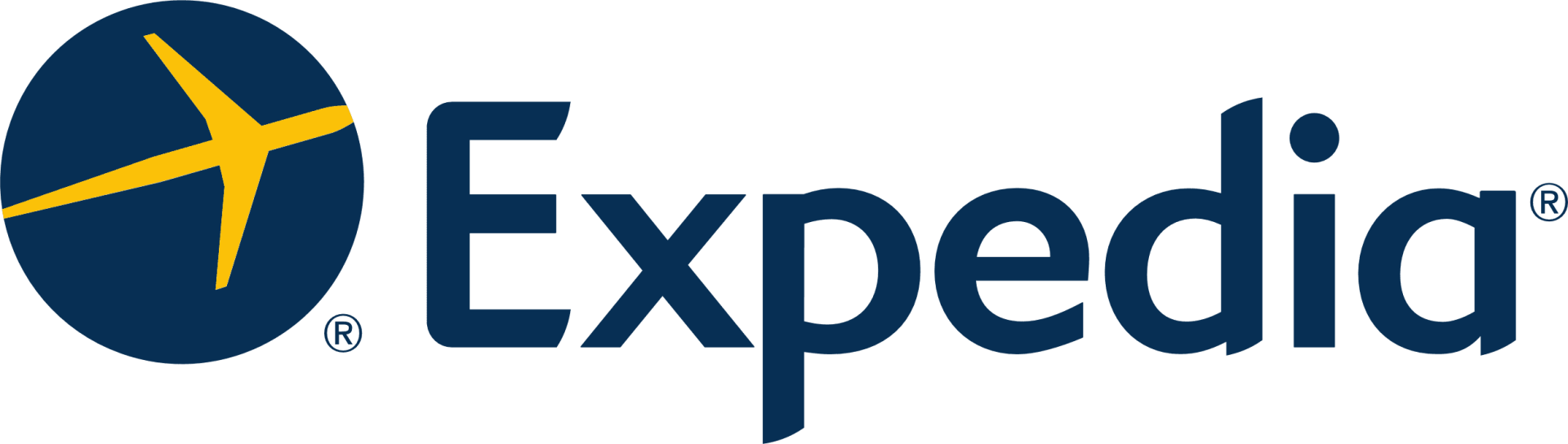 A logo for expedia with a blue circle and a yellow star