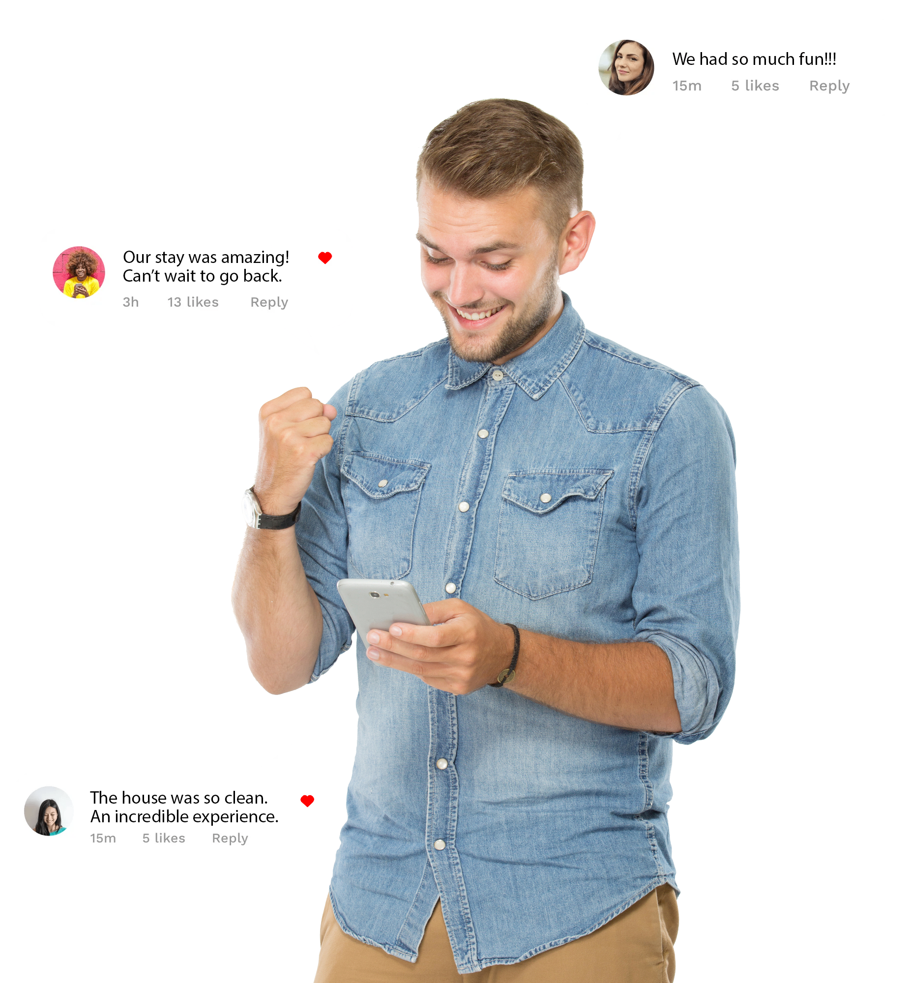 A man in a denim shirt is holding a cell phone in his hand.