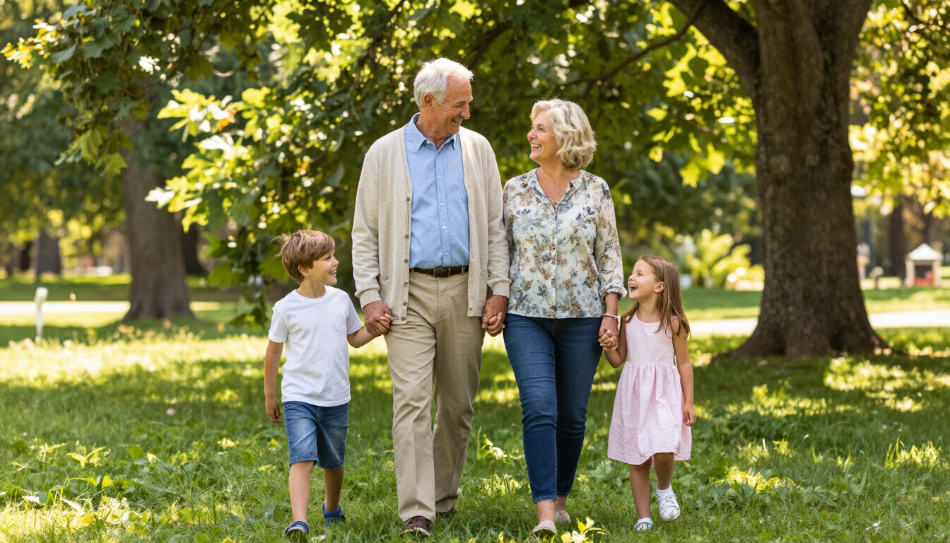 Grandparents enjoying time with their grandchildren in a sunny park.