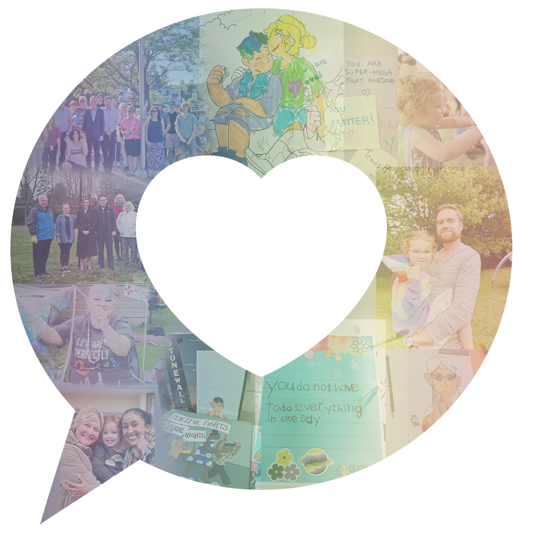 Pastel collage inside a speech bubble with a white heart cutout center