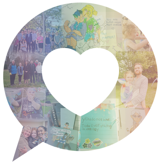 Heart-shaped collage of colorful photos with a white heart cutout in the center