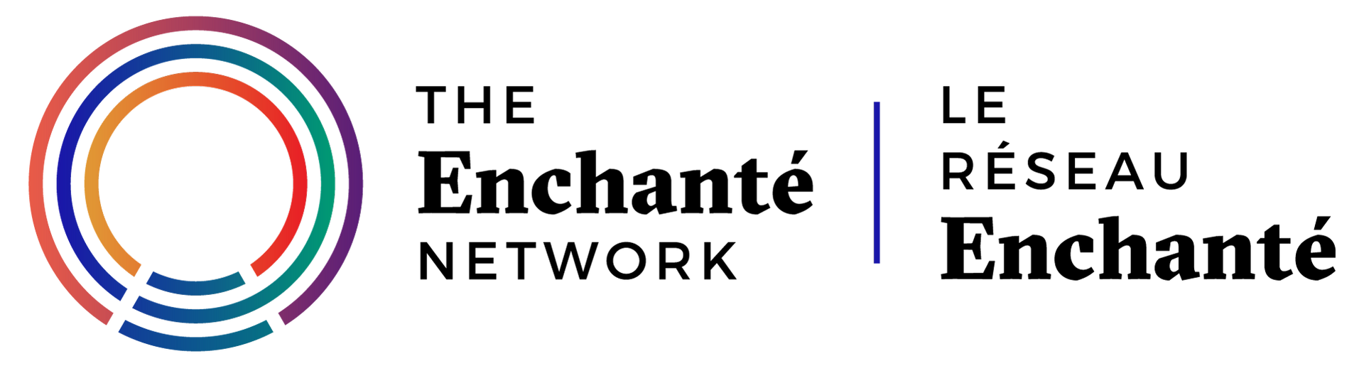 The Enchanté Network logo with red, blue, and orange circular lines and bilingual text in black.