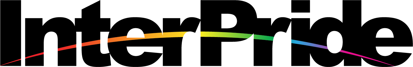Black InterPride logo with a red line across the text on a white background