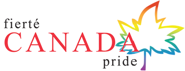 Fierté Canada Pride logo with red text and a rainbow maple leaf outline on white background