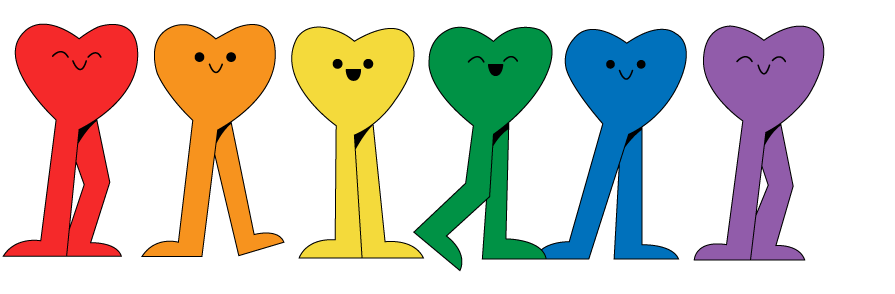Six colorful heart-shaped cartoon figures standing together, each with a smiling face