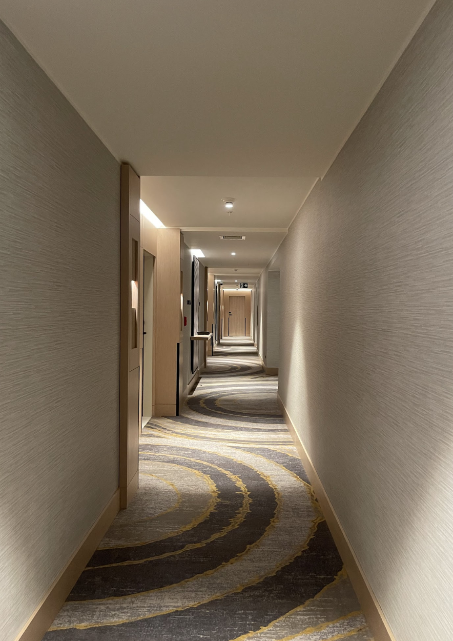 Un pasillo largo en un hotel con una alfombra en el suelo.