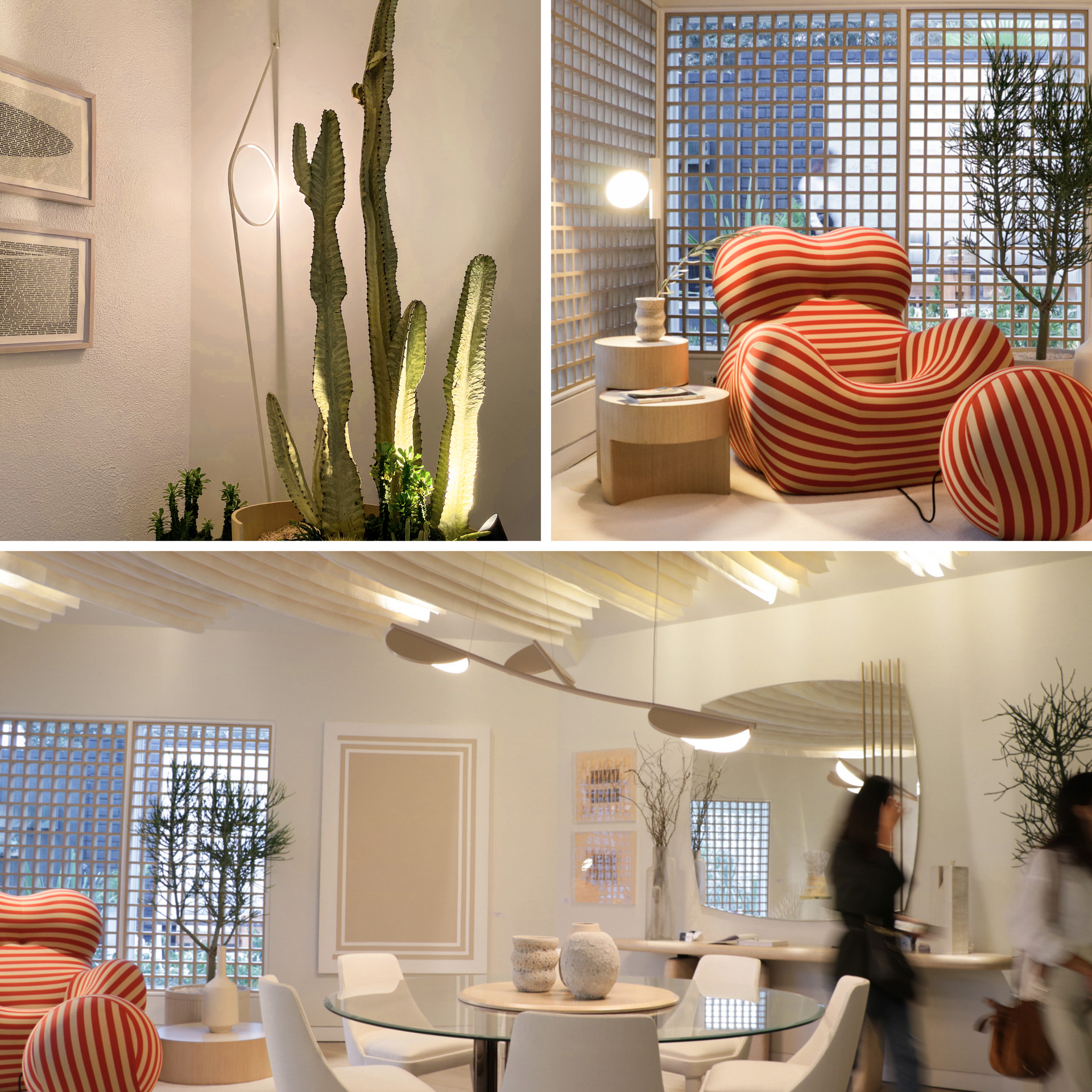 Un collage de cuatro fotografías de una sala de estar y un comedor.