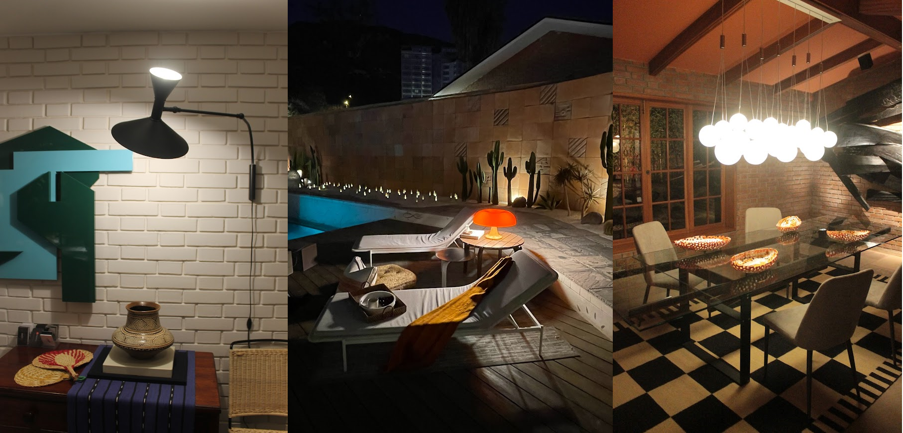 Un collage de tres fotografías de una sala, un comedor y una piscina.