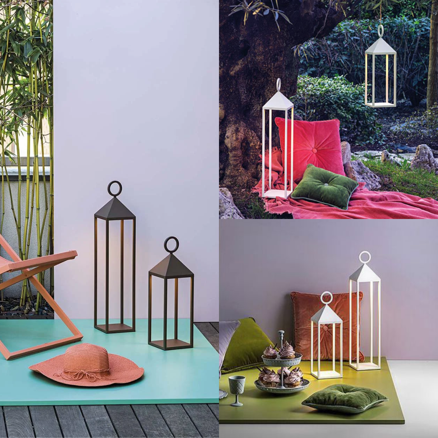 Un collage de cuatro imágenes de faroles y una silla.
