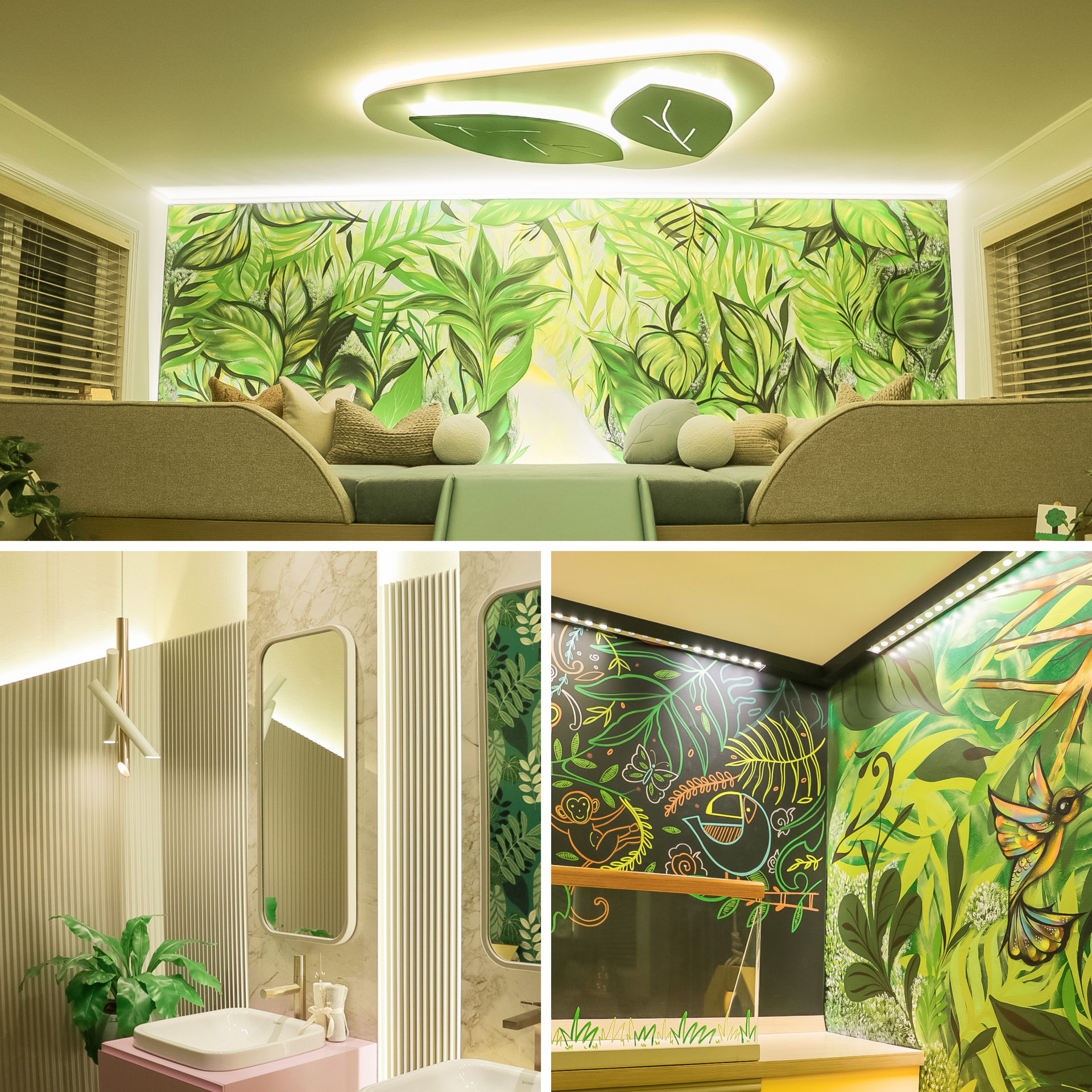 Un collage de cuatro fotografías de una sala de estar, un baño y un sofá.