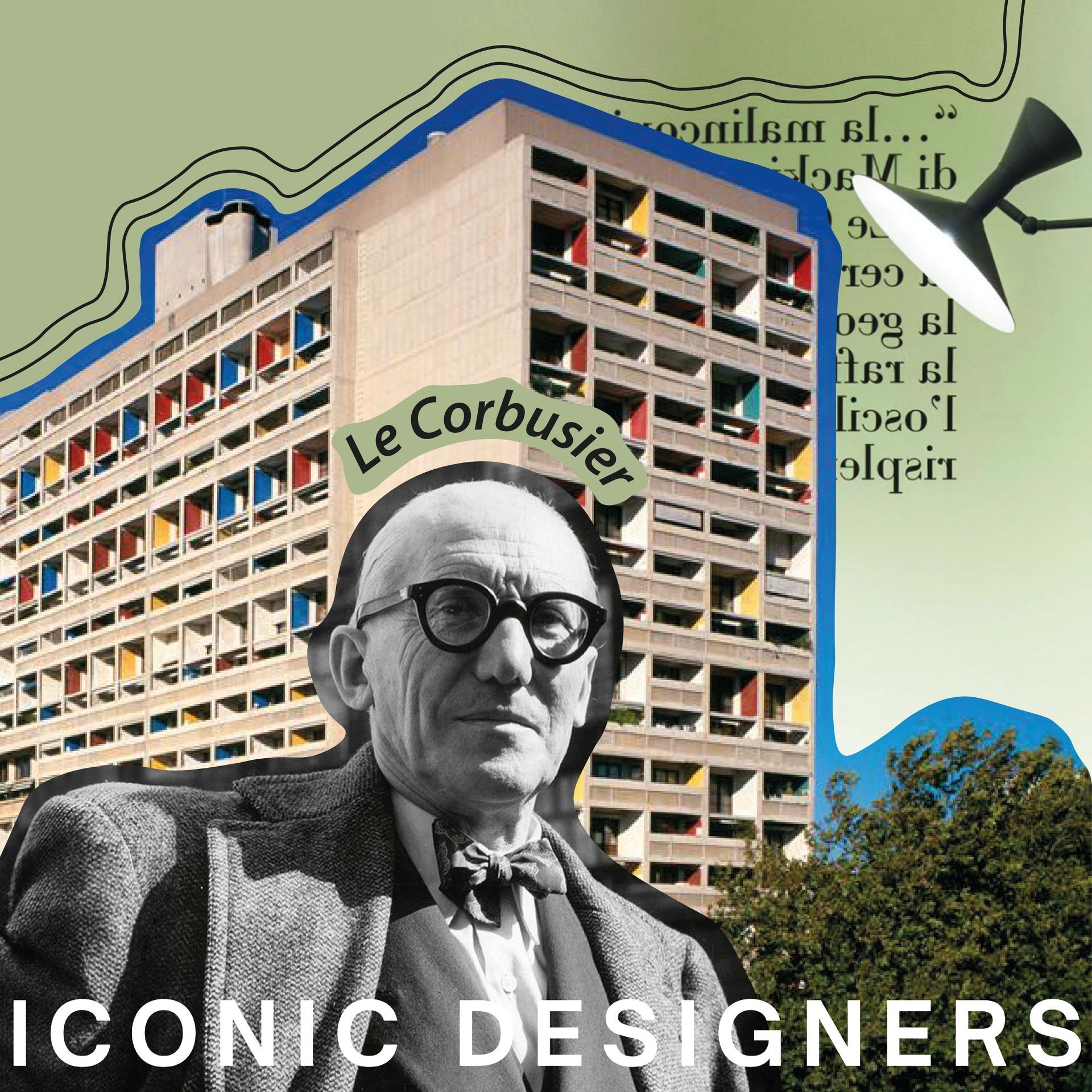 Un hombre con traje y corbata está parado frente a un edificio que dice Le Corbusier.