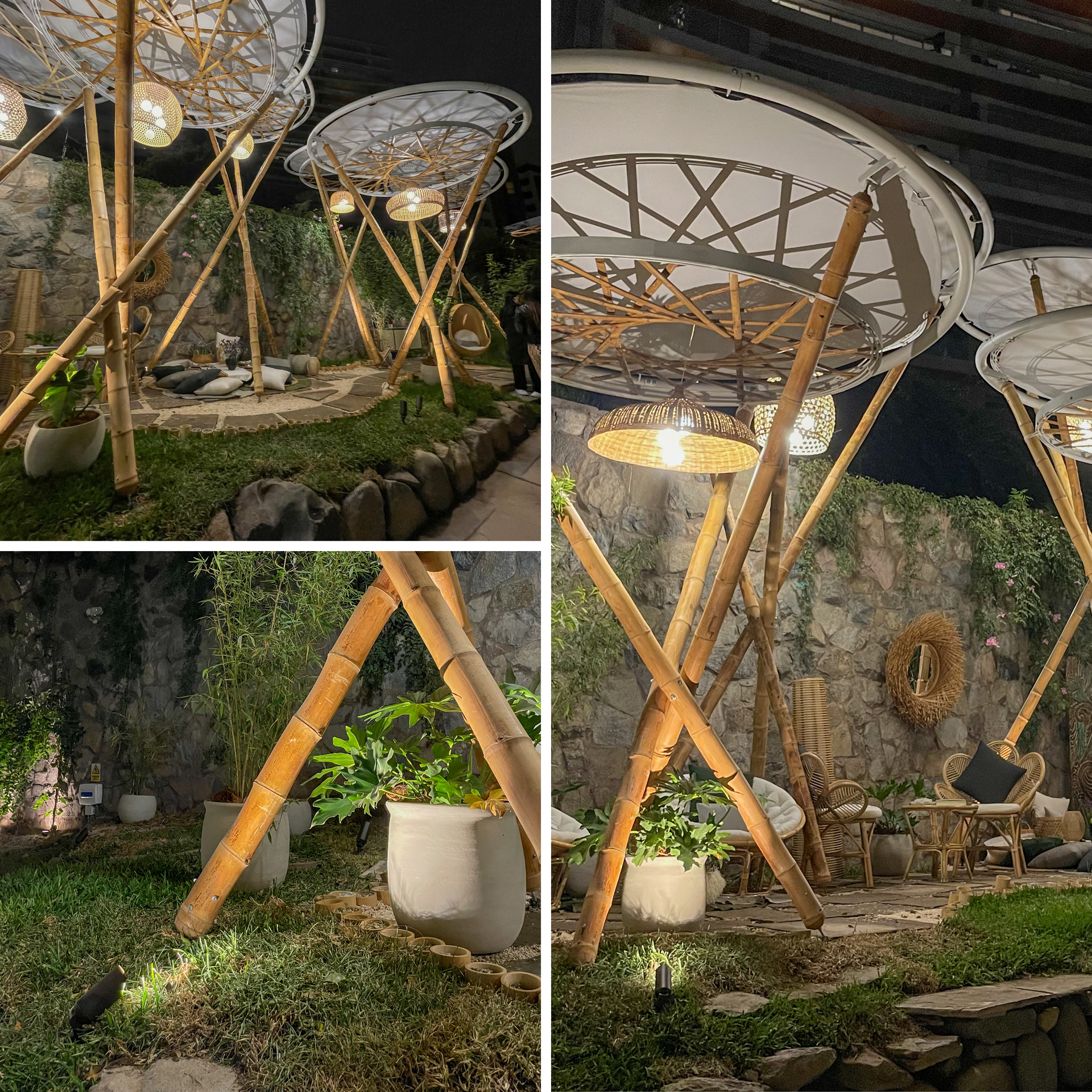Un collage de cuatro fotografías de un jardín con una estructura de bambú y plantas en macetas.