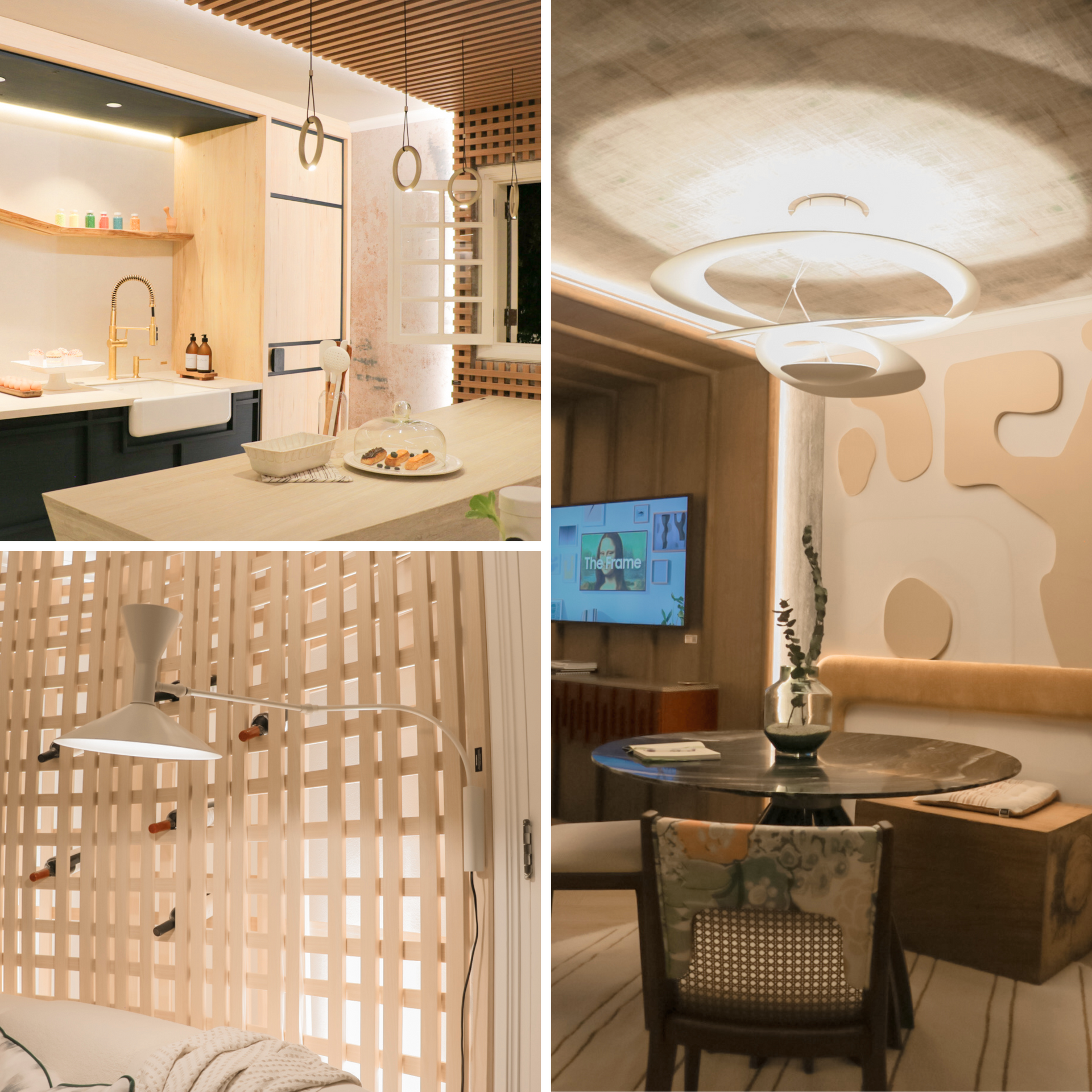 Un collage de cuatro fotografías de una cocina, un comedor y una sala de estar.