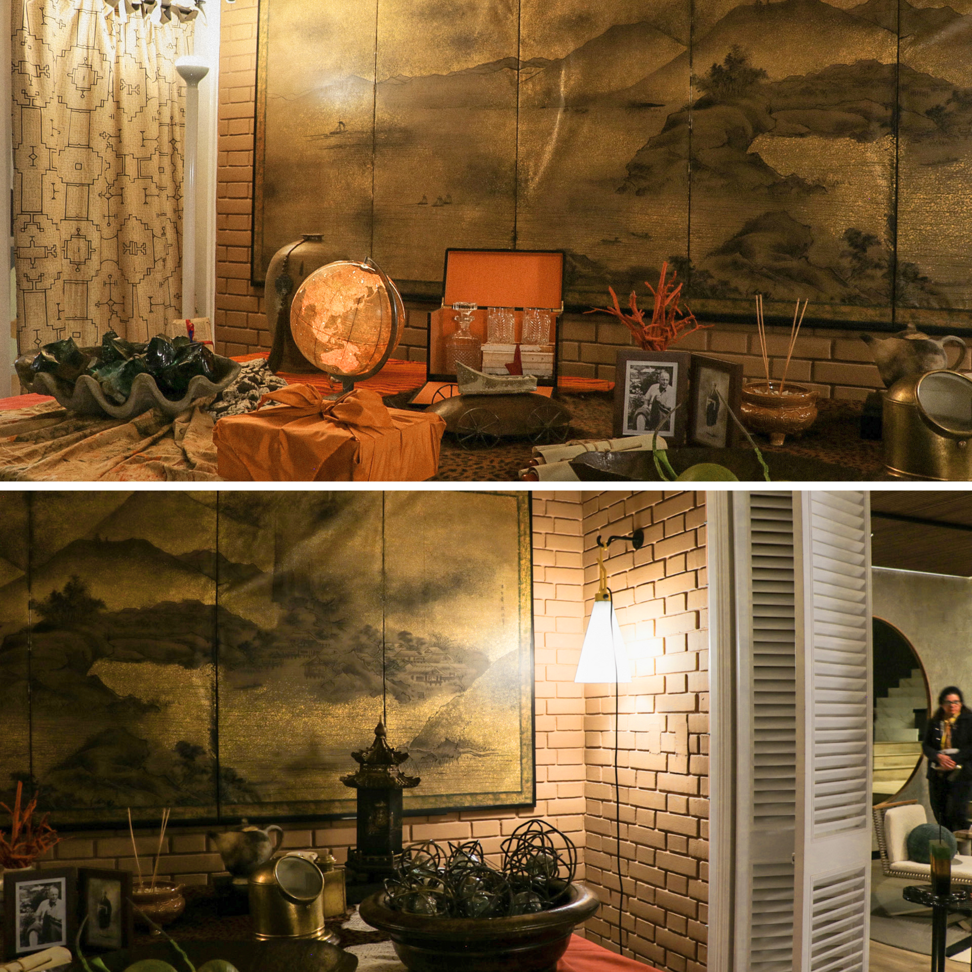 Dos fotografías de una habitación con un globo terráqueo sobre una mesa.