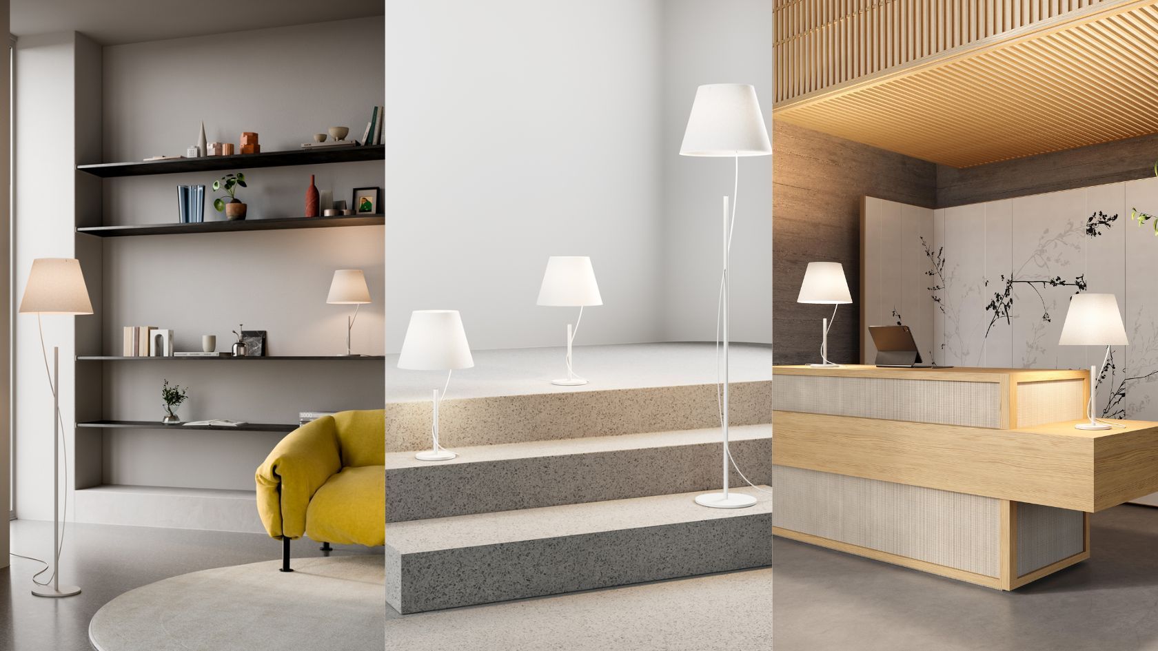 Un collage de tres fotografías de una sala de estar, escaleras y un mostrador de recepción.