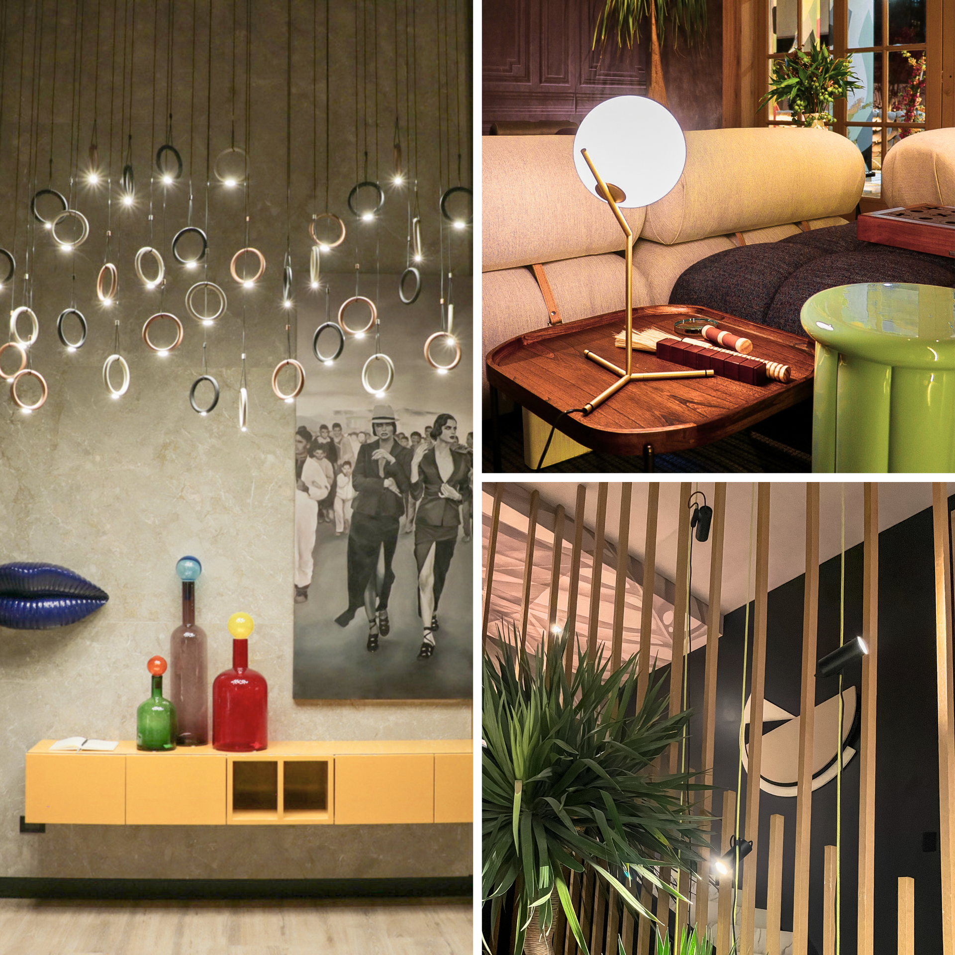 Un collage de tres fotografías de una sala de estar.