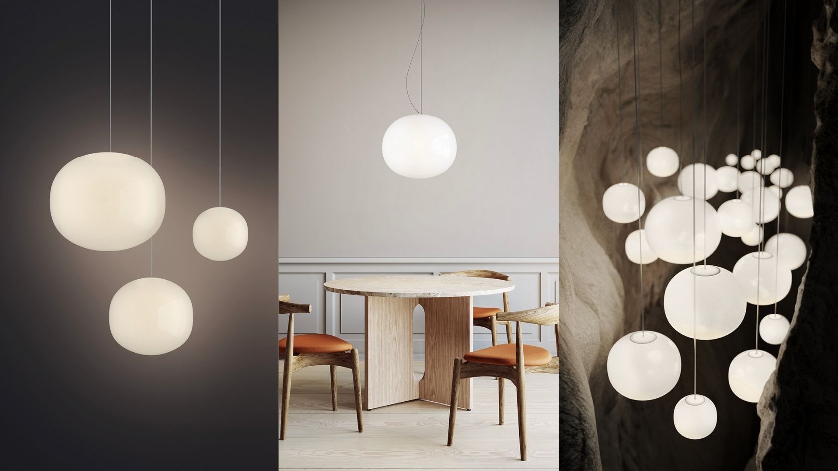 Un comedor con una mesa y sillas y un collage de tres imágenes de lámparas colgantes que cuelgan del techo.