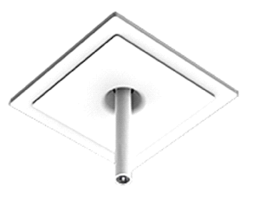 Una lámpara de techo cuadrada de color blanco con un poste de metal adherido.