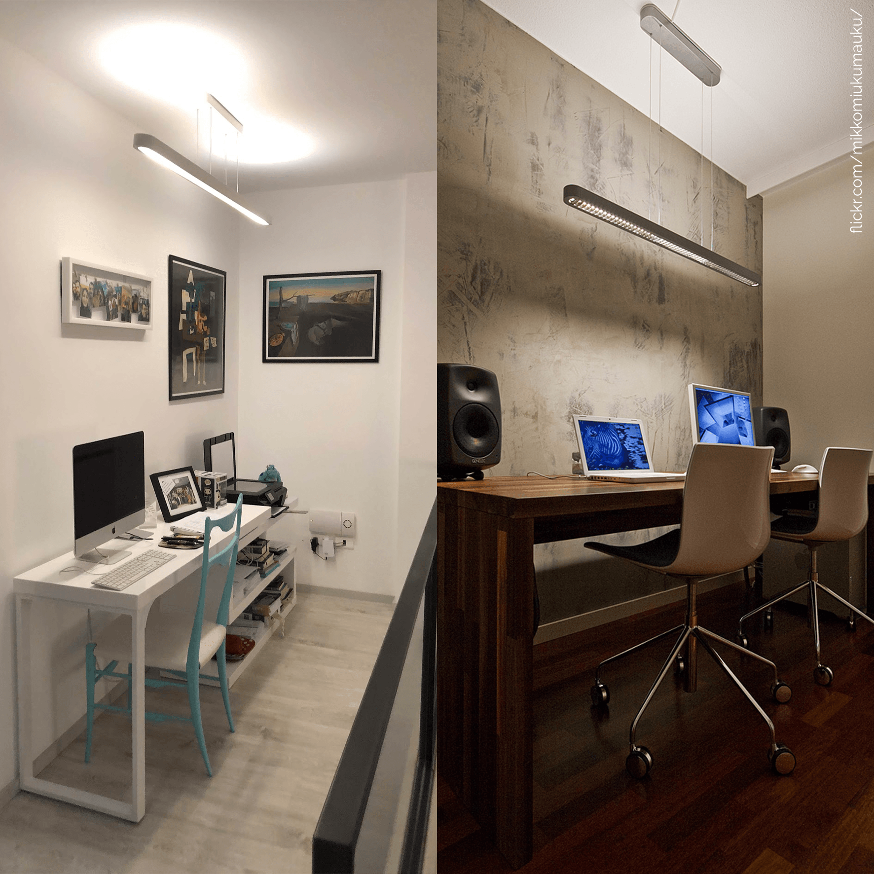 Dos fotografías de una oficina en casa con computadoras y sillas.
