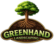 Green tree logo with roots above the words &ldquo;GREENHAND LANDSCAPING&rdquo; on a dark brown emblem