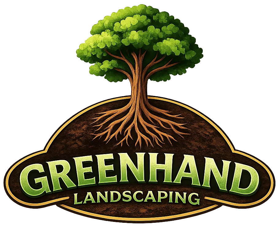 Green tree logo with roots above the words &ldquo;GREENHAND LANDSCAPING&rdquo; on a dark brown emblem