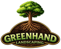 Green tree logo with roots above the words &ldquo;GREENHAND LANDSCAPING&rdquo; on a dark brown emblem