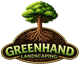 Green tree logo with roots above the words &ldquo;GREENHAND LANDSCAPING&rdquo; on a dark brown emblem