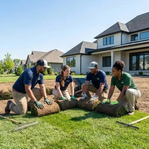 Four landscapers roll sod in a sunny suburban yard beside a modern house