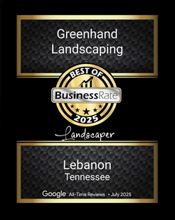 Greenhand Landscaping award badge with gold seal, labeled “Best of BusinessRate 2025” and “Lebanon Tennessee”