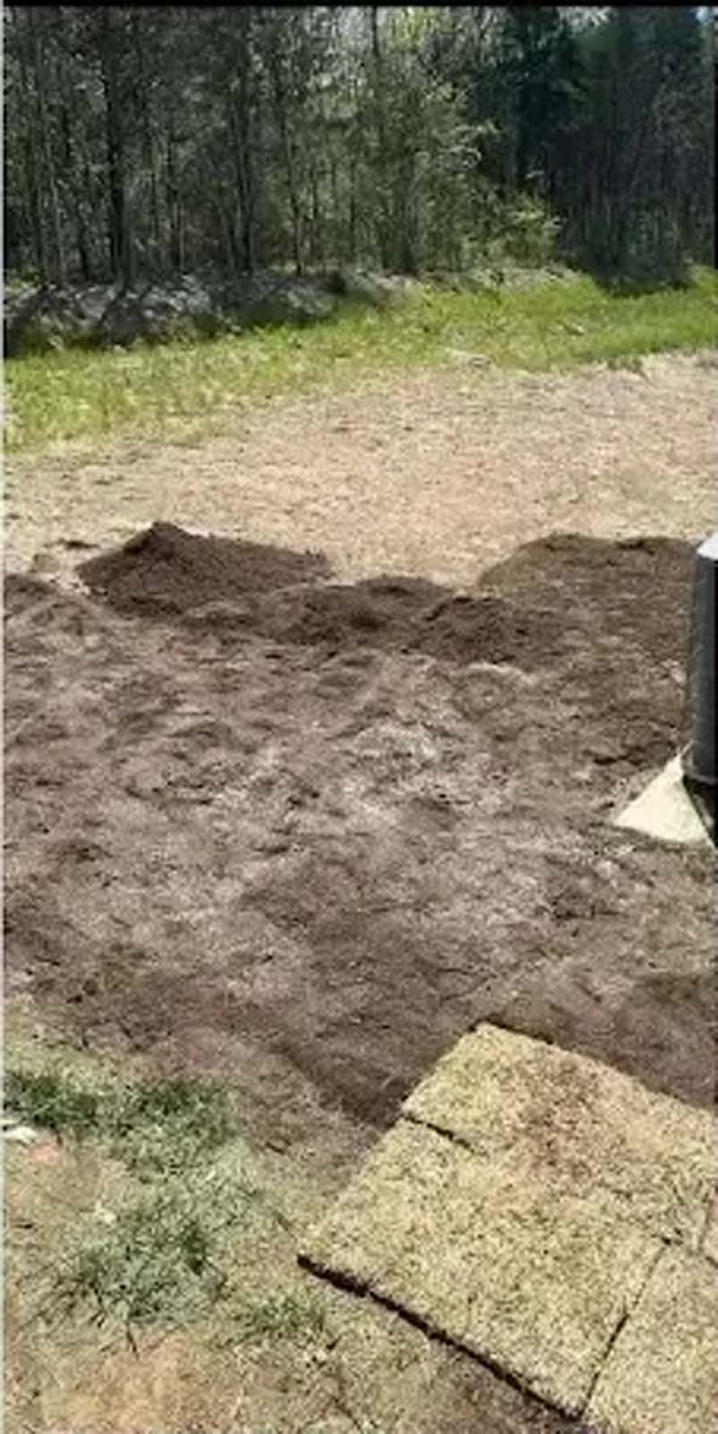 Freshly spread soil or mulch in a yard beside a forested edge, with paving stones at the corner.