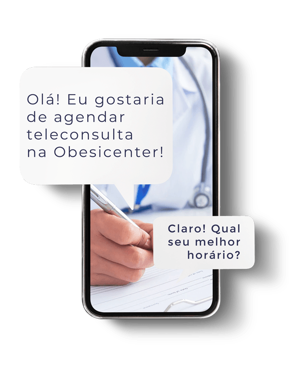 Celular com mensagem para agendamento de teleconsulta na Obesicenter