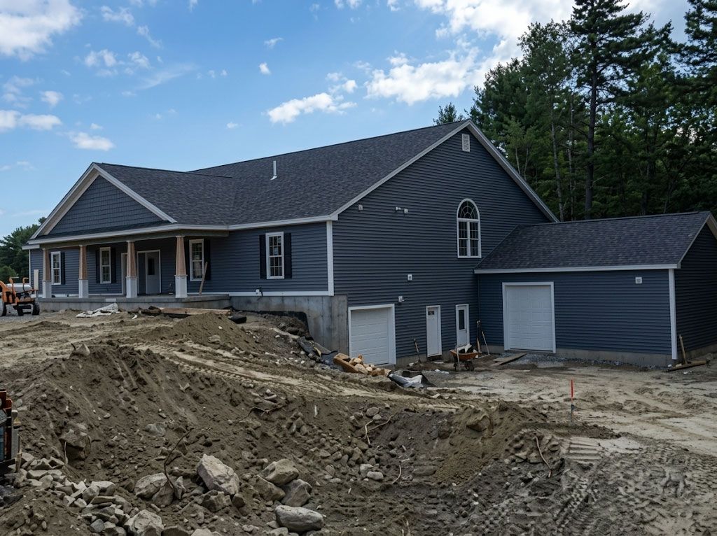 Gray house under construction on a dirt lot with a garage and cloudy sky