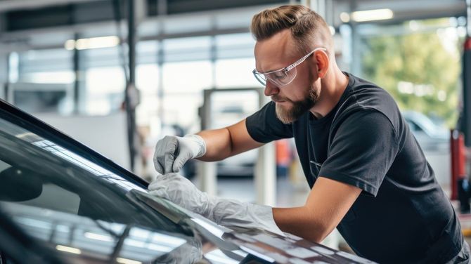 Mechanic inspecting a car windshield with a cloth in a bright auto repair shop