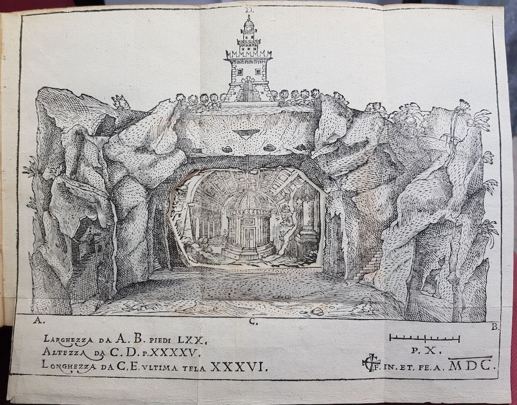 L'incisione con foro centrale che permette il cambio di tre diversi scenari ci restituisce l'aspetto della macchina principale costituita dalla grande montagna di Circe con la reggia al sommo e una spelonca al centro per il mutamento delle immagini. La montagna larga 70 piedi ( 26,60 metri) e alta 45 (17, 10 m) s'innalzava sul lato nord della piazza della Fontana e presentava nel mezzo una caverna di 36 per 36 piedi (13,68 m). Di fronte si sviluppava l'arena lunga 105 piedi (circa 40 metri) cinta per tre lati da palchi fatti a scaglioni. ll testo riporta il nome del bolognese Gugliemo Fava quale inventore 'del campo e delle macchine' e che si avvalse della collaborazione dell'accademico Incolto, Vincenzo Fabretti.
