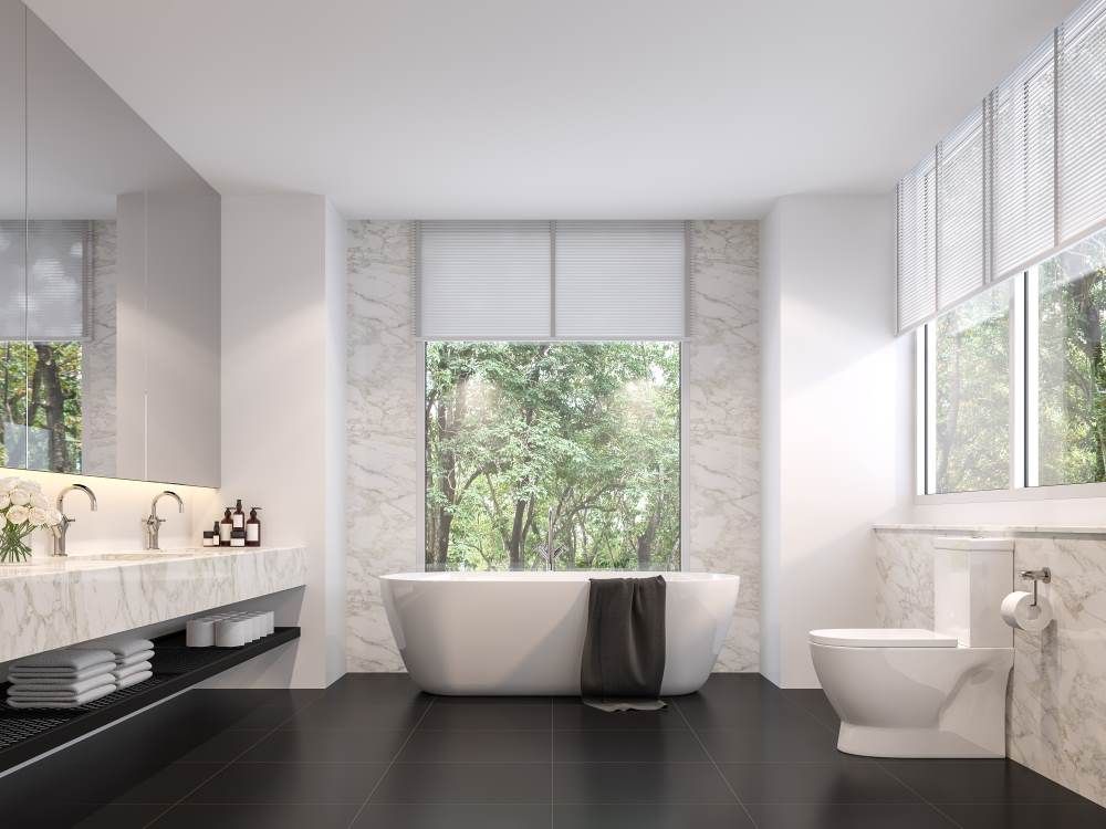 A Bathroom With Motorised Window Blinds — Maxview Blinds and Shutters in Beresfield, NSW