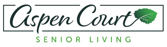 The logo for aspen court senior living has a green leaf on it.