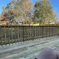 Wooden deck overlooking a creek with metal railing and trees in the background