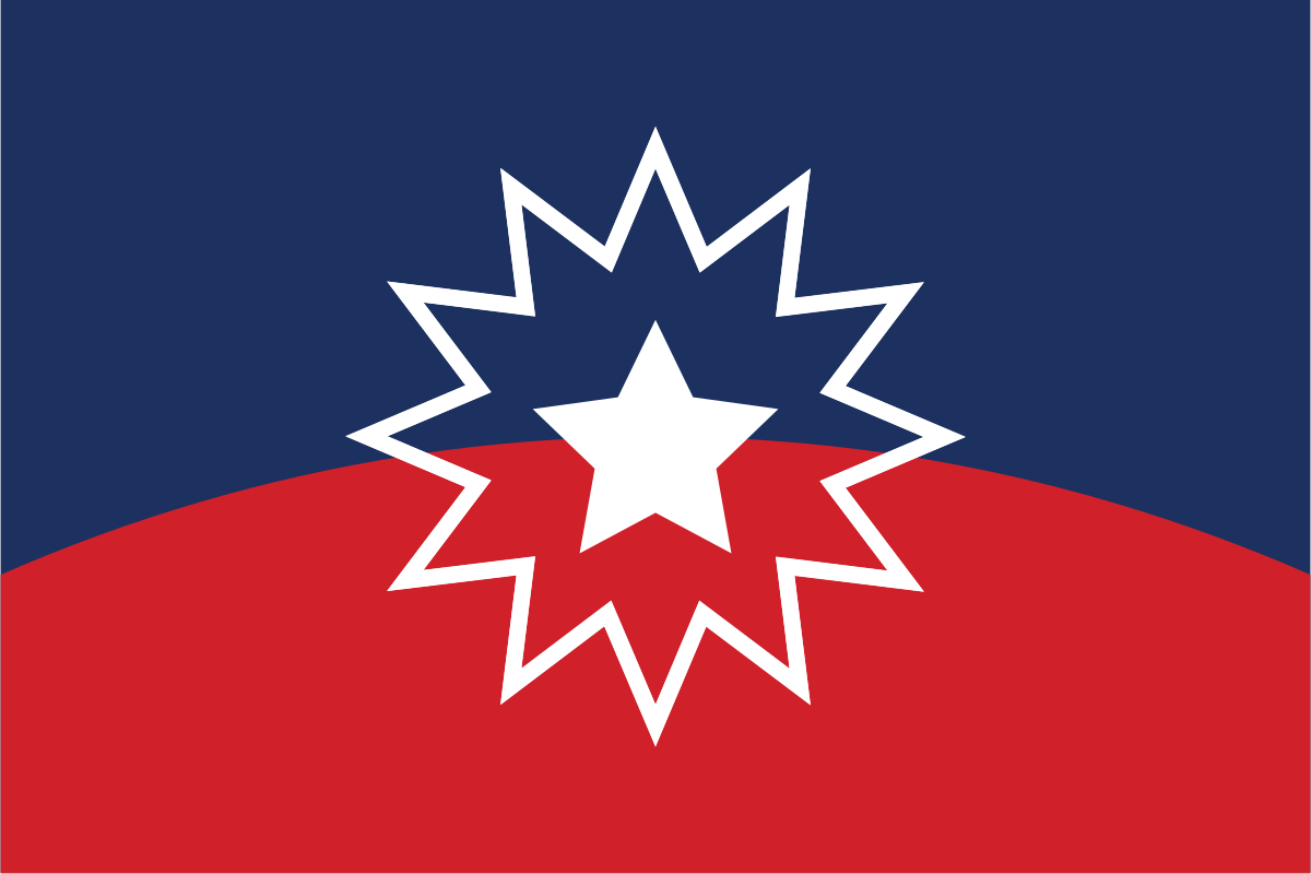 Juneteenth Flag Flag with a blue field on the top and a red field on the bottom meeting in an arc across the middle of the flag. On top of the fields is a white five point star surrounded by a white starburst.