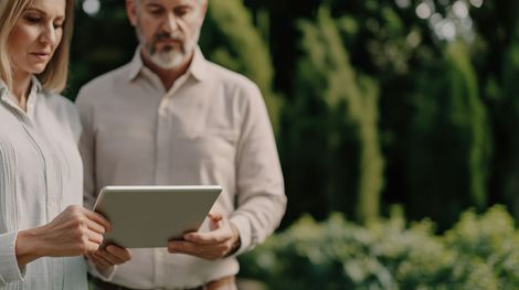 Woman and man looking at a tablet outdoors in front of green bushes.