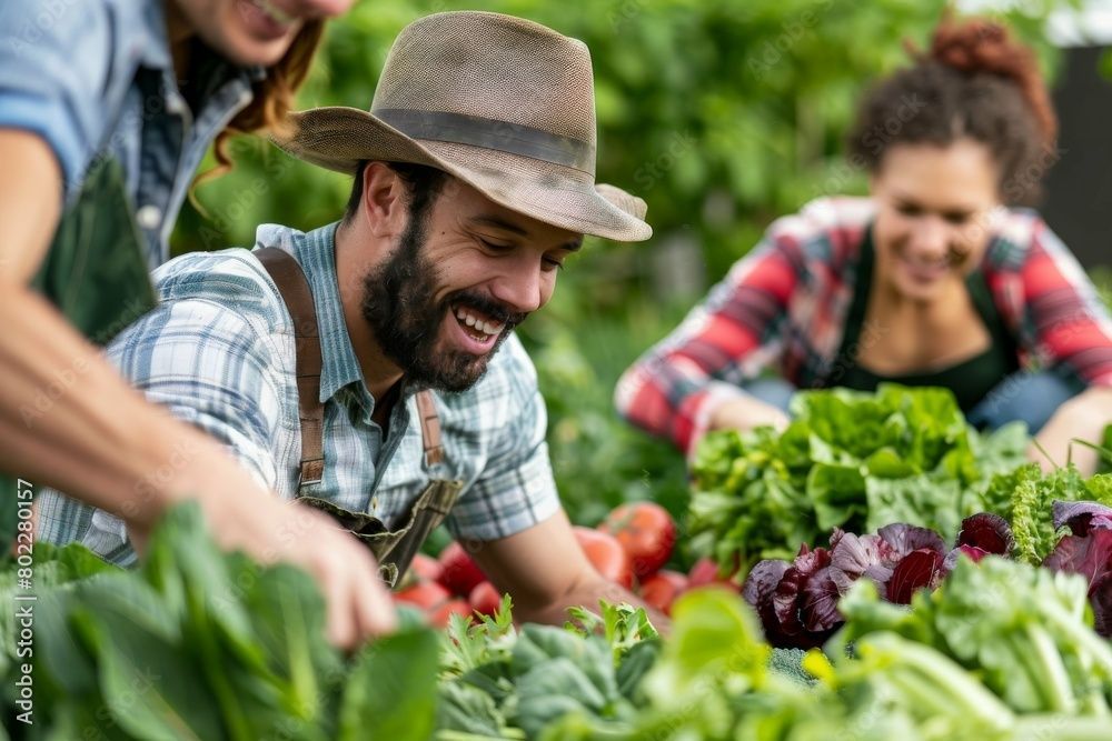 People harvesting vegetables in a garden, smiling.