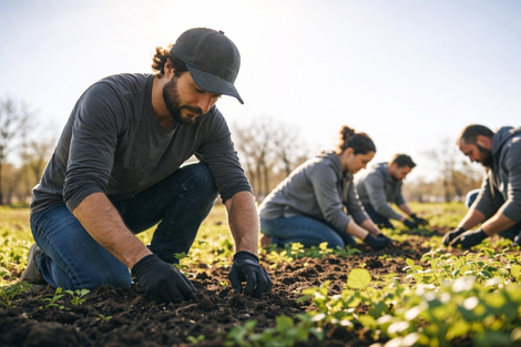People planting in a field; one man in foreground wearing a cap and gloves. Others in background.