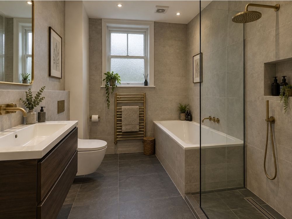 Bathroom with walk-in shower, bath and brushed brass fittings in a Victorian terraced house
