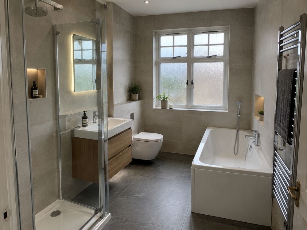 Bathroom in a 1930s semi with separate bath and walk-in shower after a dividing wall was removed