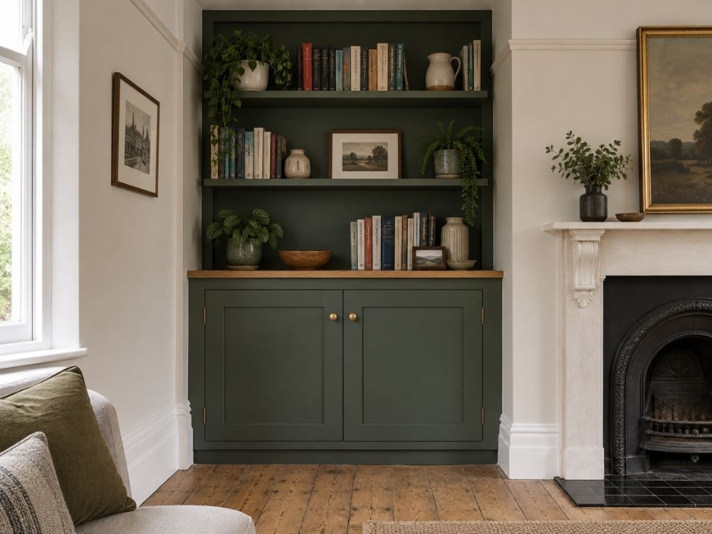 Bespoke painted alcove cupboard and shelving scribed into a Victorian chimney breast recess