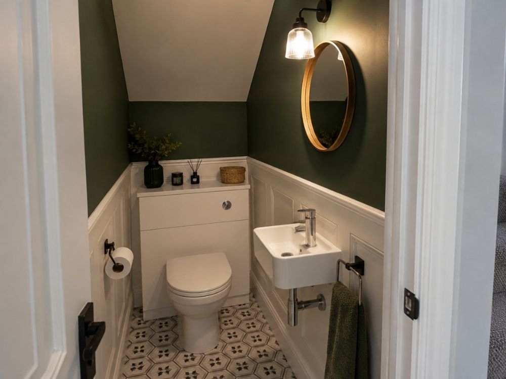 Downstairs cloakroom fitted under a staircase with panelled walls and hexagonal floor tiles