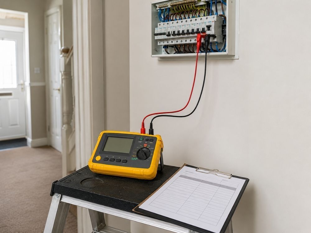 Multifunction electrical test instrument with leads connected to an open consumer unit
